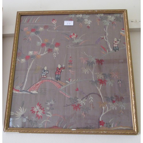 87 - Chinese silkwork picture, birds in foliage, bearing character marks, another silkwork picture, figur... 