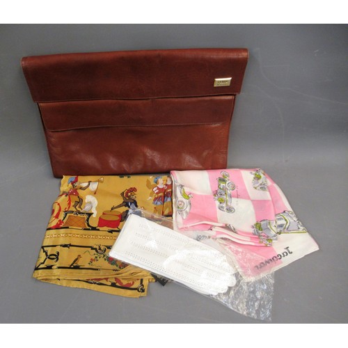 92 - Jacqmar motoring silk scarf, another silk scarf and a Ferre No. 15308 leather document pouch with a ... 