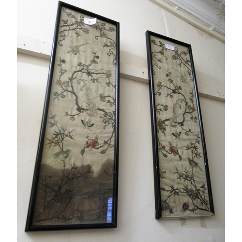 97 - Two Chinese framed silkwork floral and bird decorated panels (one frame at fault), and a modern circ... 