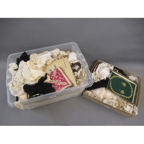 98 - Box containing a quantity of various table linen, lace and crochet work etc, and a box of various ot... 