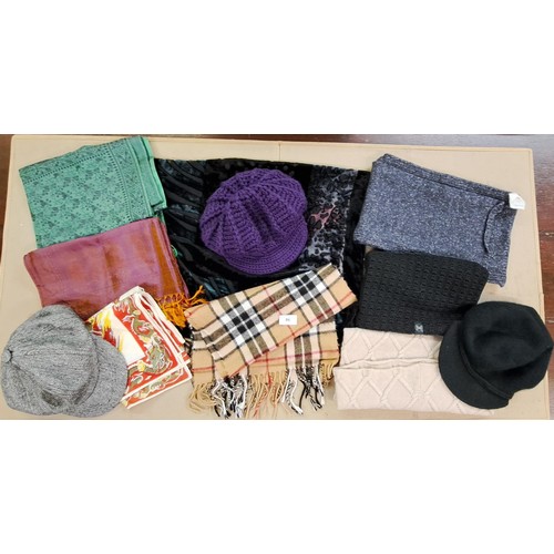 86 - Quantity of various hats and scarves including Buff, Pure and Bonner of Ireland