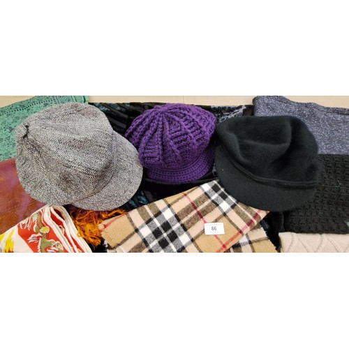 86 - Quantity of various hats and scarves including Buff, Pure and Bonner of Ireland