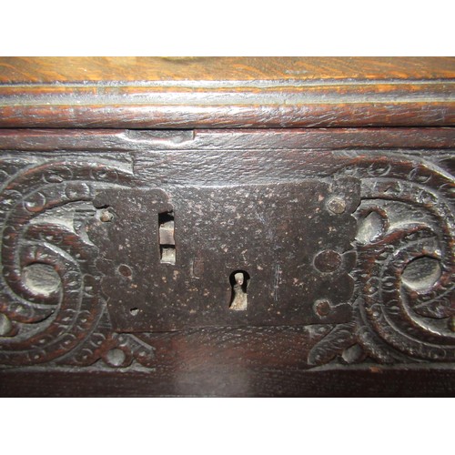 1879 - 17th Century oak bible box with original carved decoration and bearing date 1688, 63cms wide