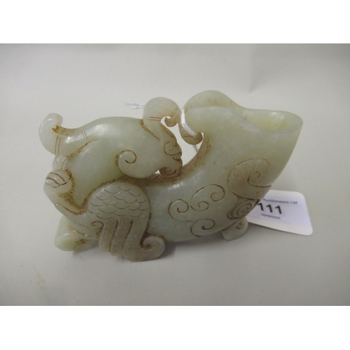 111 - Pale green jade libation cup in the form of a stylised bird, 7.5cm x 10.5cm approximately