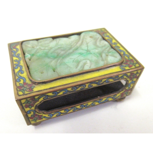 117 - Chinese gilt metal cloisonne and jade inset matchbox cover, 6cm wide