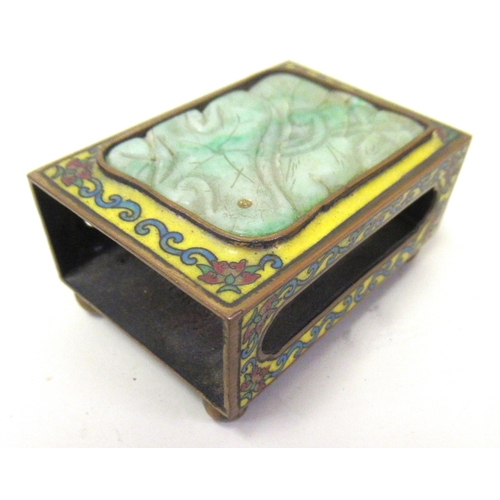 117 - Chinese gilt metal cloisonne and jade inset matchbox cover, 6cm wide