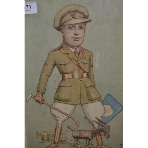 Watercolour, caricature study of an Army officer together with a Victorian overpainted print, portrait of a lady
