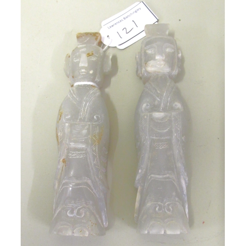 121 - Pair of 20th Century pale carved jade figures of immortals, 14cm high approximately