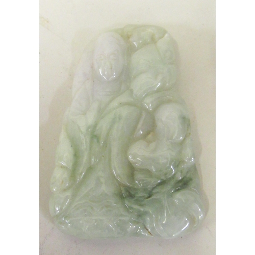 126 - Small 20th Century carved pale green jade pendant in the form of two figures, 7cm high