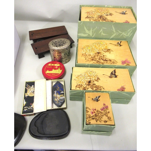 130 - Various oriental lacquer rectangular boxes with original cardboard cartons, together with other smal... 