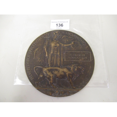 136 - World War I death plaque to Alexander McNaughton