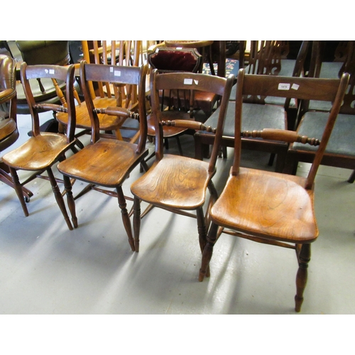 1479 - Set of four early 19th Century oak and elm rail back kitchen chairs on turned front supports with H-... 