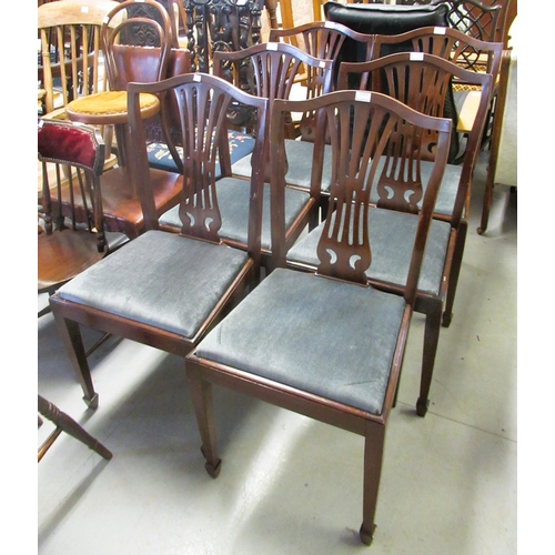 1482 - Set of six mahogany splat back dining chairs with blue upholstered drop-in seats, on square tapering... 