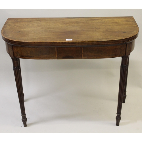 1483 - 19th Century mahogany crossbanded and inlaid D-shaped fold-over card table with baize lined interior... 