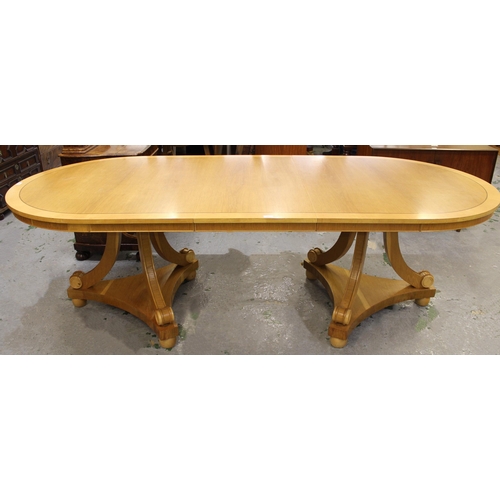 1485 - Mid to late 20th Century honey oak and sycamore crossbanded twin pedestal D-end dining table, raised... 