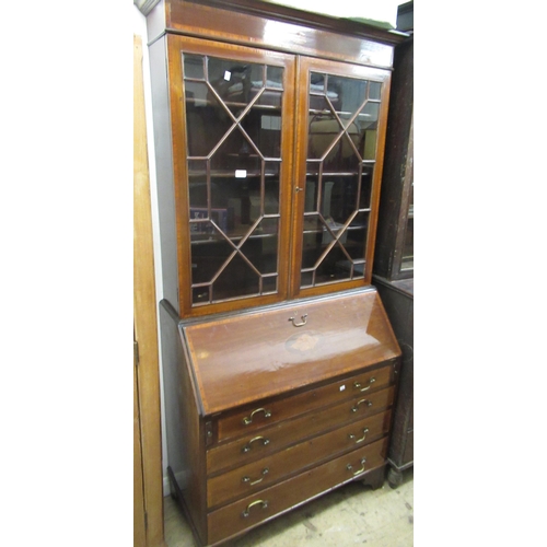 1487 - Edwardian mahogany and satinwood crossbanded bureau bookcase, 97cm wide