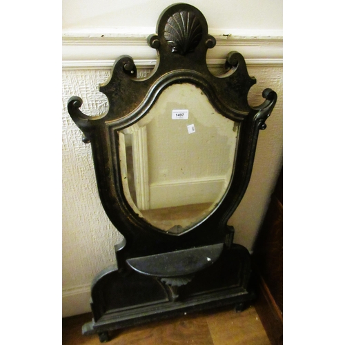 1497 - Victorian cast iron wall / washstand mirror, the shaped top with a shell surmount above a bevelled p... 