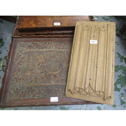 1498 - Linen fold carved oak panel and a rectangular carved oak tray decorated with oak leaves