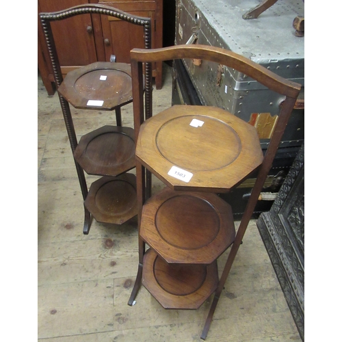 1503 - Edwardian mahogany line inlaid three tier folding cakestand and another 1940's oak cakestand