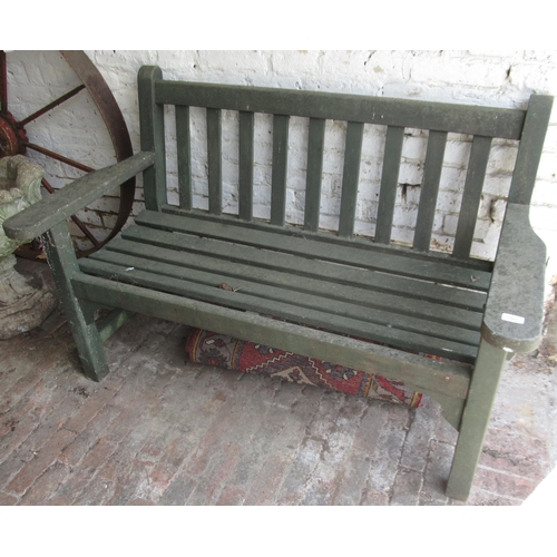 1507 - 20th Century teak two seat garden bench with slatted back