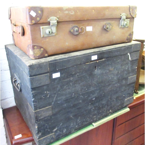 1508 - Late 19th / early 20th Century wooden and iron bound tool trunk with hinged cover and side carrying ... 