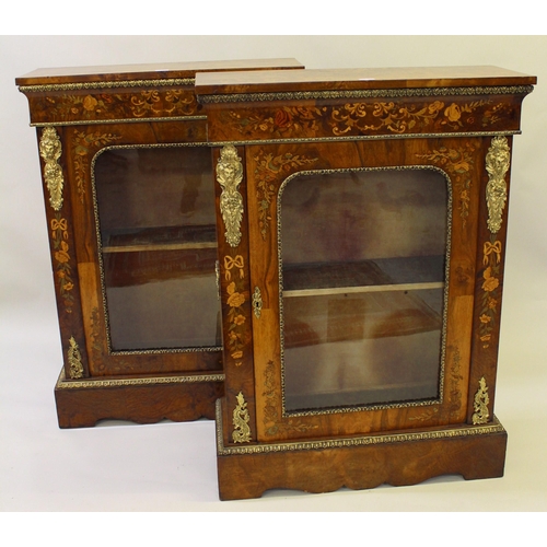 1513 - Pair of fine quality Victorian figured walnut marquetry inlaid and ormolu mounted pier cabinets, eac... 