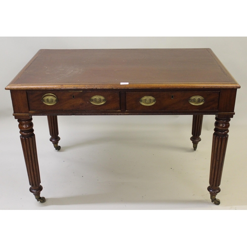 1522 - Victorian mahogany two drawer library table having faux leather inset top and opposing dummy drawers... 