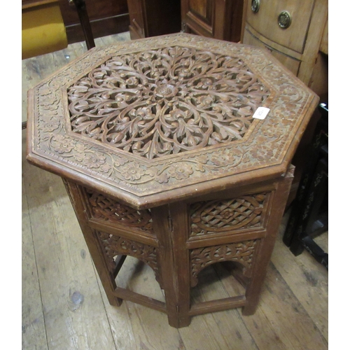 1526 - Indian carved hardwood octagonal occasional table on folding support