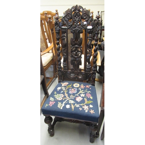 1532 - 19th Century carved and pierced hall chair with floral woolwork seat on turned supports, oak dining ... 