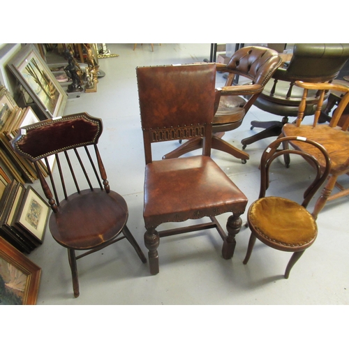 1532 - 19th Century carved and pierced hall chair with floral woolwork seat on turned supports, oak dining ... 