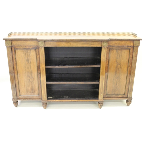 1538 - Regency rosewood breakfront side cabinet, the galleried top above two central shelves flanked by two... 