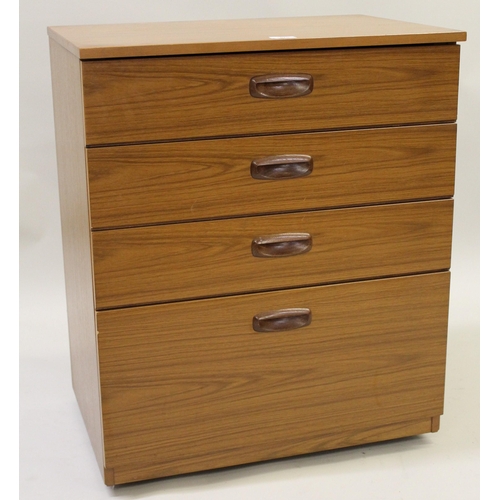 1570 - Schreiber teak four drawer bedside chest with flush moulded handles, 74cm high x 61cm wide x 43cm de... 