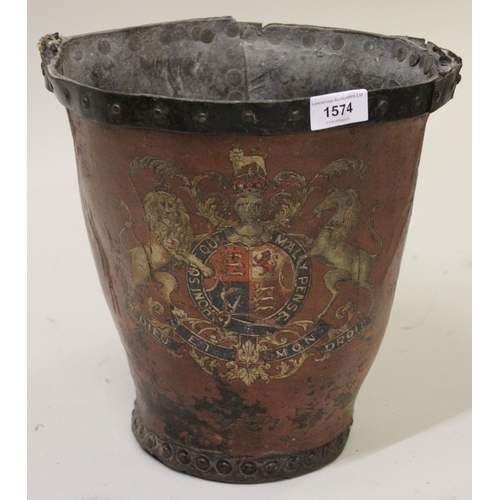 1574 - Victorian leather bucket bearing the Royal Coat of Arms