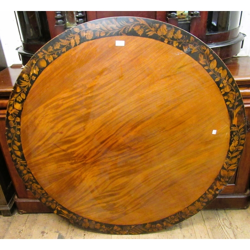 1577A - 19th Century figured mahogany and pen work decorated circular centre table top, 123cm diameter