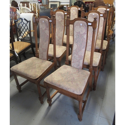 1578 - Set of six, four plus two Ercol oak chairs with upholstered backs and seats on turned supports