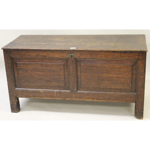 1592 - Late 18th / early 19th Century oak two panel coffer having hinged cover (split), later replaced lock... 