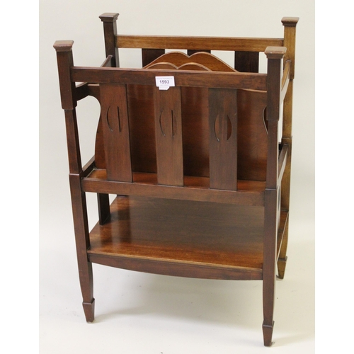 1593 - Arts and Crafts mahogany three section magazine rack on square tapered spade supports with undertier... 