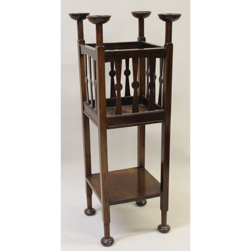 1594 - Arts and Crafts mahogany jardiniere stand of square form with undertier and turned supports, 93cm hi... 