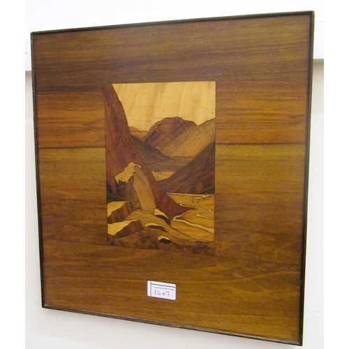 1607 - Two Rowley Gallery type parquetry pictures, Lake District views, 35.5 x 39cm each overall