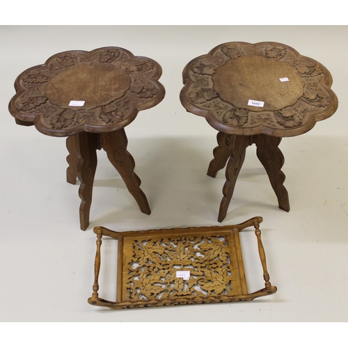 1609 - Two small Indian carved hardwood occasional tables, 43cm diameter, together with a similar tray and ... 