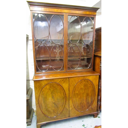 1616A - George III mahogany crossbanded and line inlaid bookcase, the moulded dentil cornice above a pair of... 