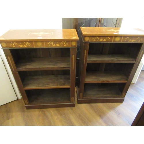 1616B - Pair of mahogany and marquetry inlaid bookcases in Sheraton style, the urn decorated tops above simi... 