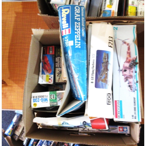 162 - Three boxes containing a large collection of various model aircraft kits including Airfix, Revell et... 