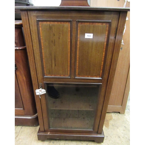 1622 - Edwardian mahogany satinwood crossbanded music cabinet with a single panelled and glazed door, 54 x ... 