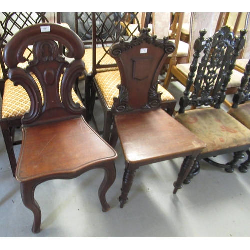 1623 - Pair of Victorian mahogany hall chairs, together with a late Victorian mahogany single hall chair