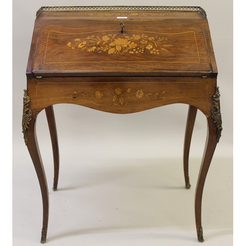 1630 - Small 19th Century French rosewood and marquetry inlaid bonheur du jour, the brass galleried top abo... 