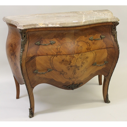 1633 - Early 20th Century Continental Kingwood and marquetry inlaid bombe commode, the flecked marble top a... 