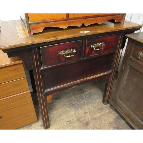 1637 - Chinese stained elm altar table with two short drawers on splay supports, 88cm high, 102cm wide, 57c... 