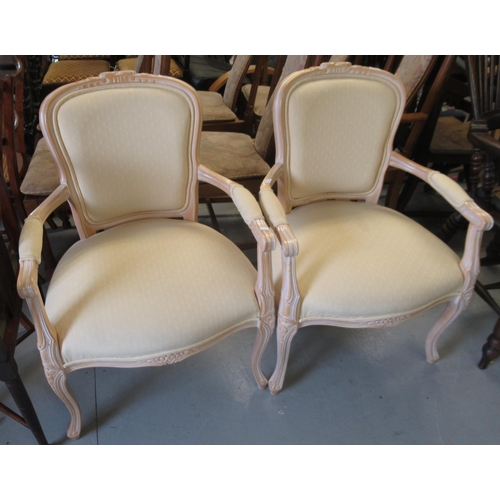 1638 - Pair of late 20th Century French style limed open armchairs with padded backs and seats on cabriole ... 