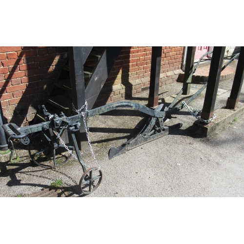 1644 - Large antique black painted iron plough, 355cm long x 85cm wide